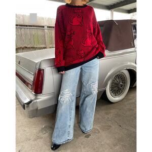 🔥Vintage 80s USA Made Delivery Ltd Cat Knit Striped Black Red Whimsical Sweater